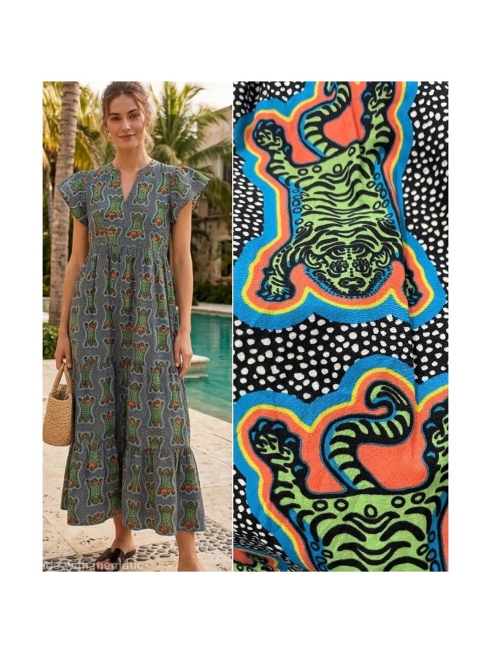 Briton Court Womens Size S/M Maxi Dress Tiered Tiger Polka Dot Print Black
